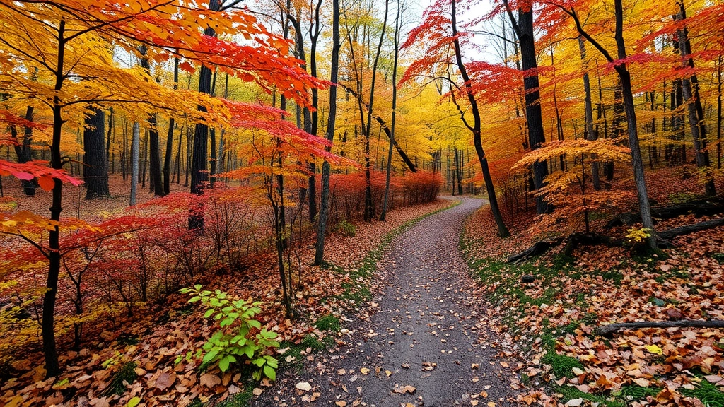 cologne minnesota - 
Fall foliage covering hiking trail with colorful leaves and peaceful forest atm