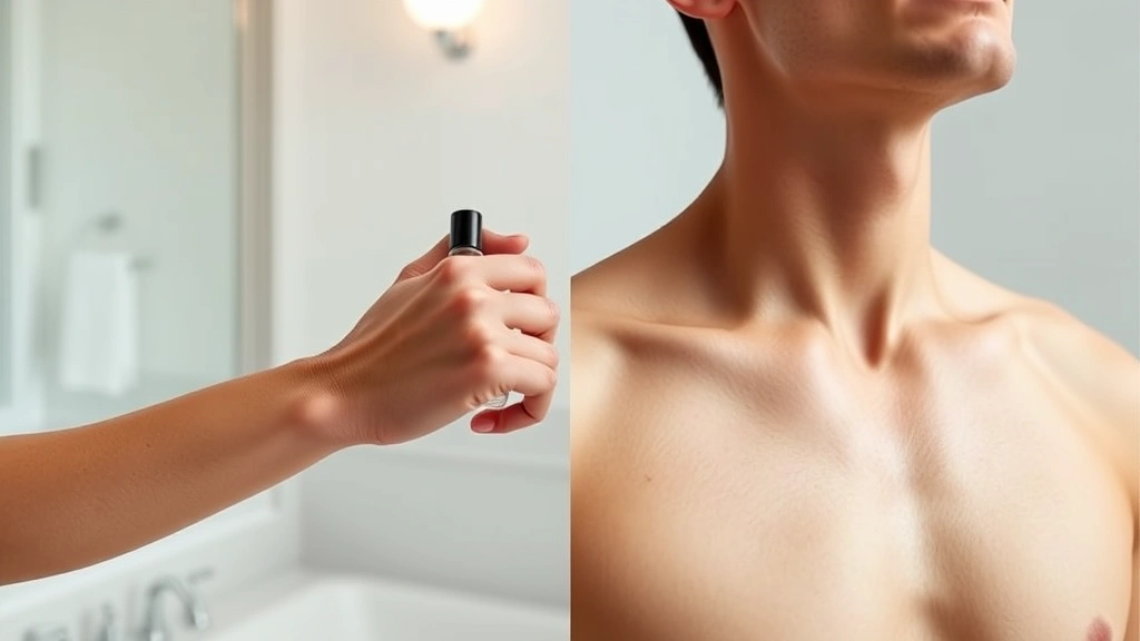 cologne on anchorman - 
Split-screen showing cologne application technique on pulse points—wrist, neck,