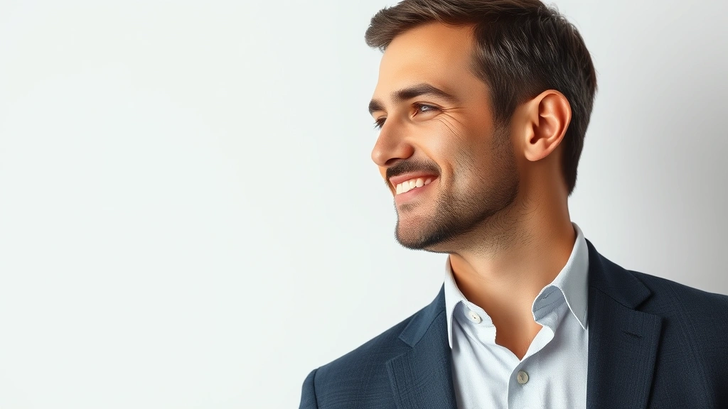 cologne red - 
Man wearing business casual, confident posture, subtle smile, with fragrance mi