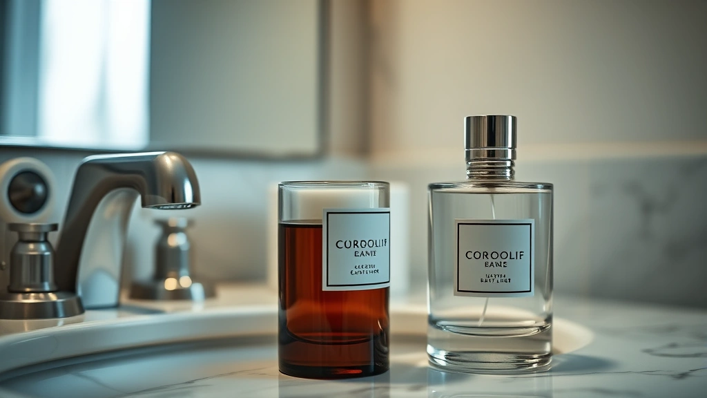 cologne scents - 
Close-up of luxury cologne bottle with refined packaging on bathroom counter
