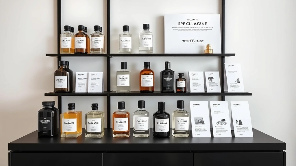 cologne stand - 
Modern minimalist cologne stand with organized product arrangement by scent fam