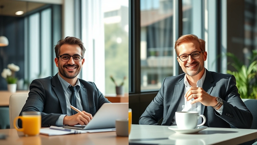 cologne timezone - 
Split-screen showing same man in morning meeting (fresh, energized) and afterno