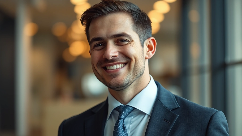 colognes land abbr crossword - 
Professional man in business suit smiling confidently with subtle fragrance mis