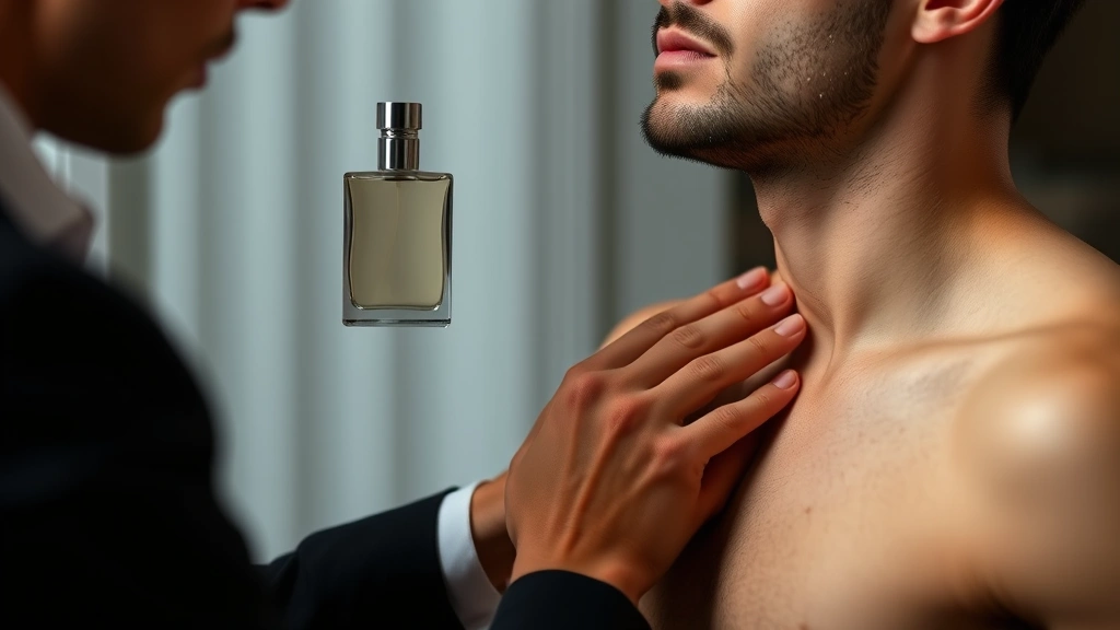 cupid pheromone cologne - 
Man applying cologne to pulse points on neck and wrist demonstrating proper app