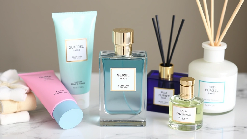 curly fragrance - 
Flatlay of fragrance bottle surrounded by matching body lotion, solid fragrance