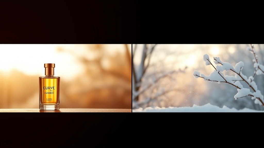 curve cologne - 
Seasonal split-screen showing curve cologne in warm summer setting and cold win