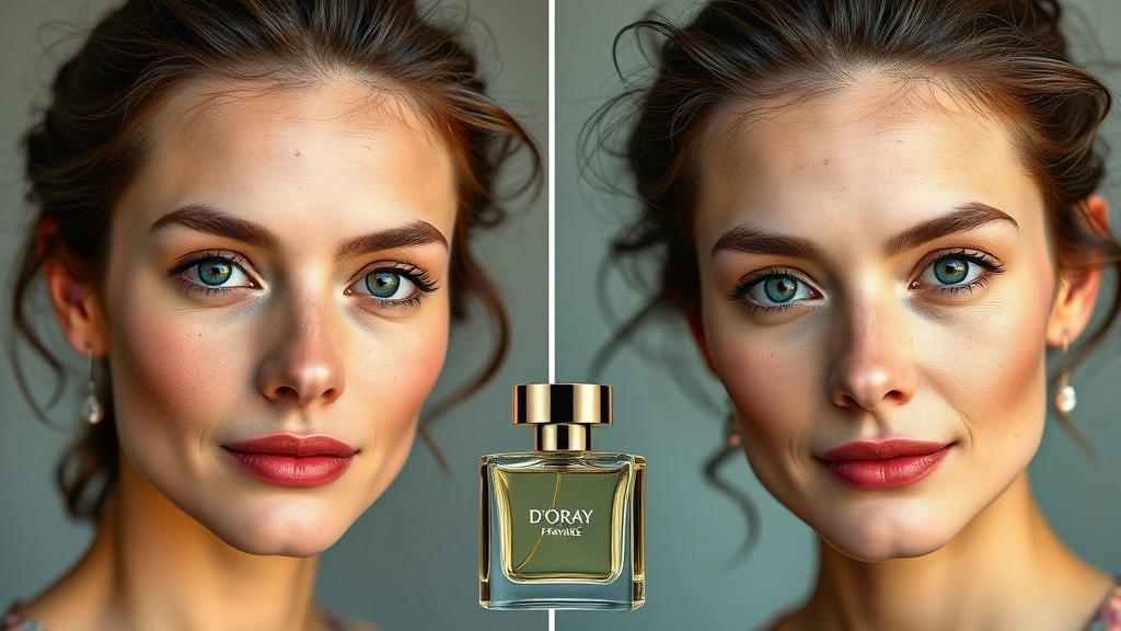 d'orsay fragrance - 
Before and after visual showing skin types experiencing D’Orsay fragrance