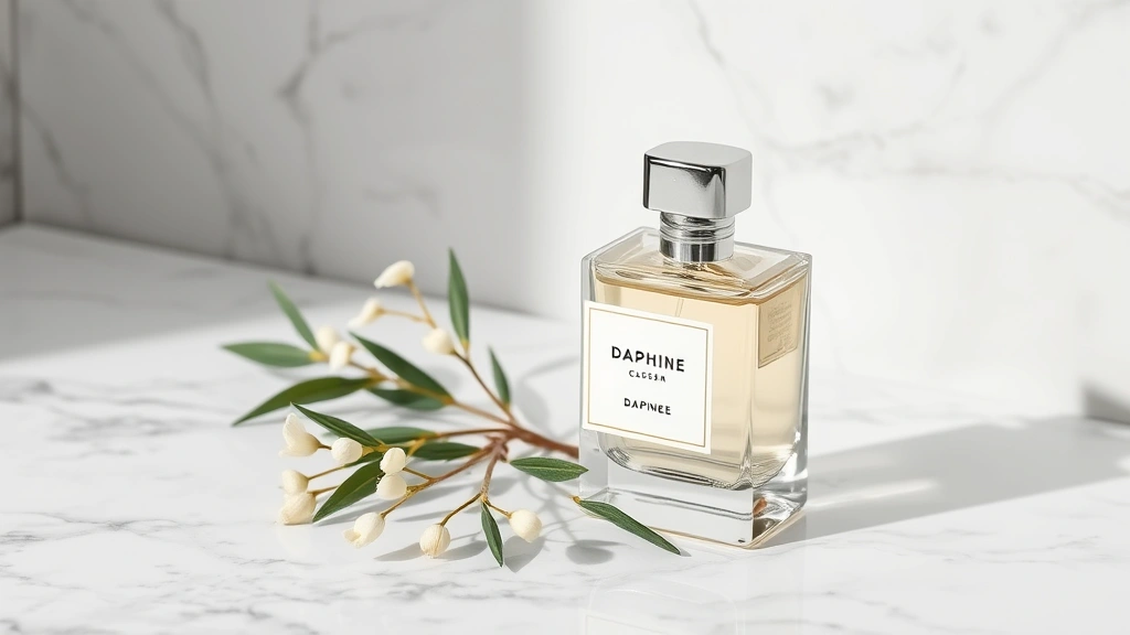 daphne shrub eternal fragrance - 
Elegant fragrance bottle displayed on marble surface with fresh daphne sprigs b