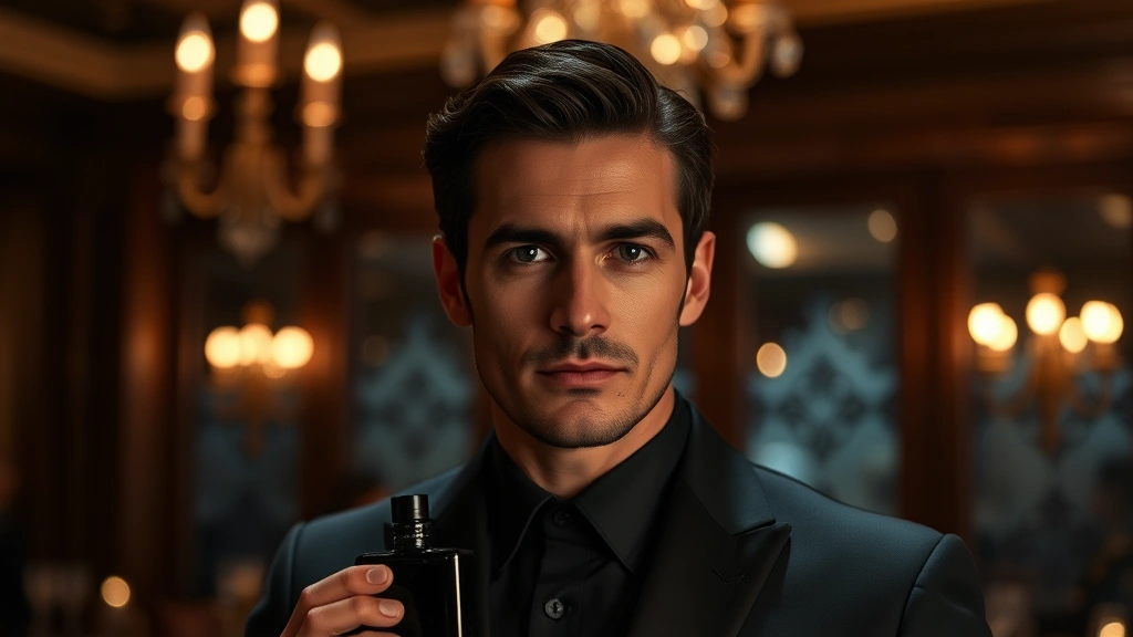 dark noir cologne - 
Evening formal setting with man wearing dark noir cologne, sophisticated atmosp