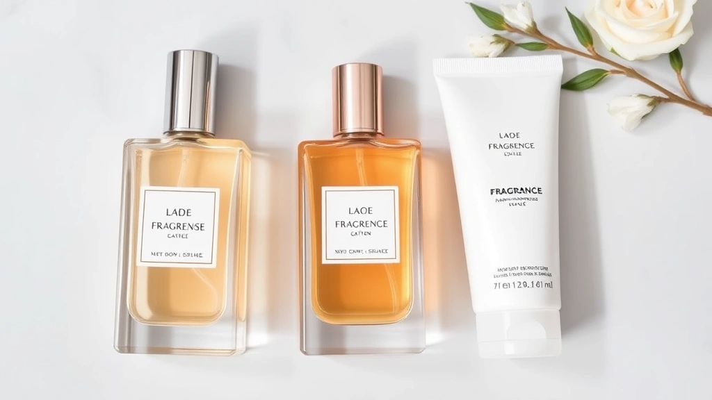 day three fragrances - 
Elegant flat lay of fragrance bottle, body lotion, and moisturizer arranged for