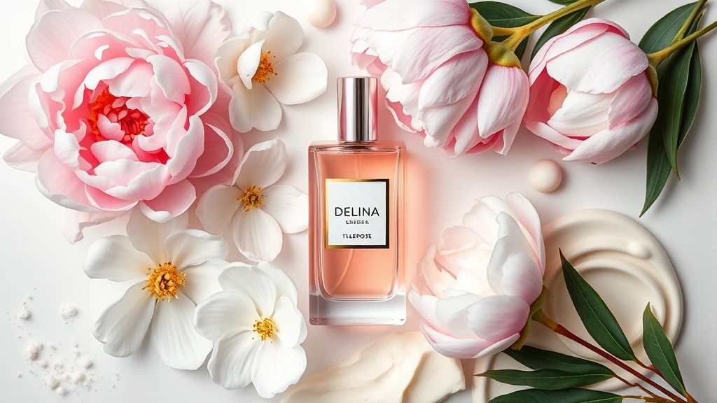 delina fragrance - 
Luxurious flatlay showing Delina bottle, pink peonies, white tuberose flowers, 