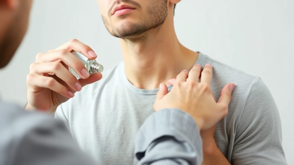 designer cologne - 
Man applying cologne to pulse points on neck and wrist, demonstrating proper fr
