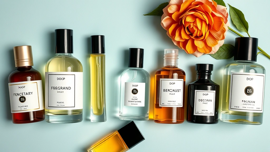 doop fragrance - 
Comparison flat lay of doop fragrance next to similar designer fragrances, orga