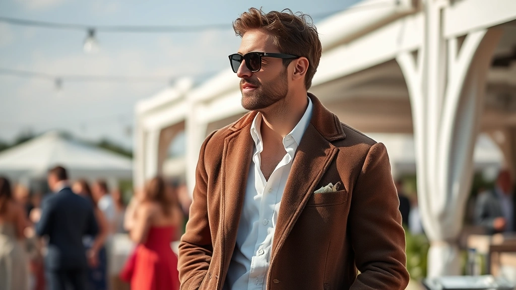 drake summer mink fragrance - 
Lifestyle shot of man wearing Drake Summer Mink at an outdoor summer event, rel