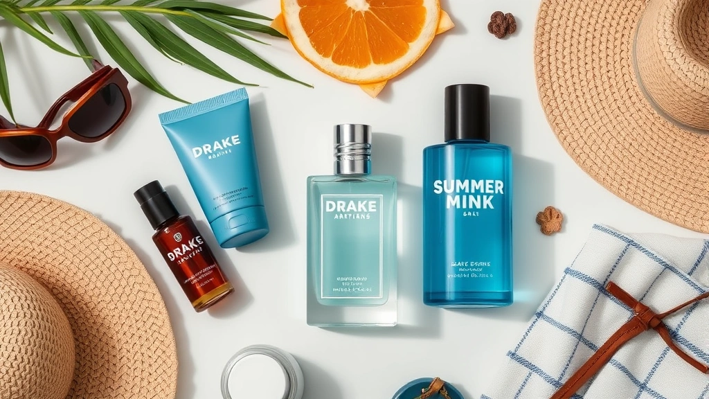 drake summer mink fragrance - 
Flatlay composition showing Drake Summer Mink bottle with complementary items l