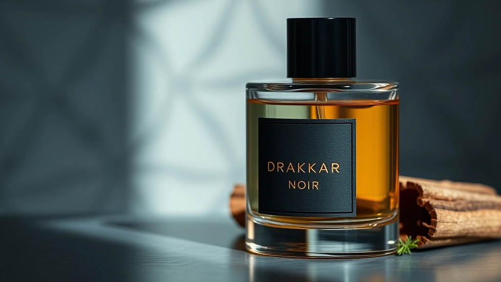 drakkar noir fragrance -
Close-up of Drakkar Noir fragrance bottle with aromatic herbs and cedarwood vis