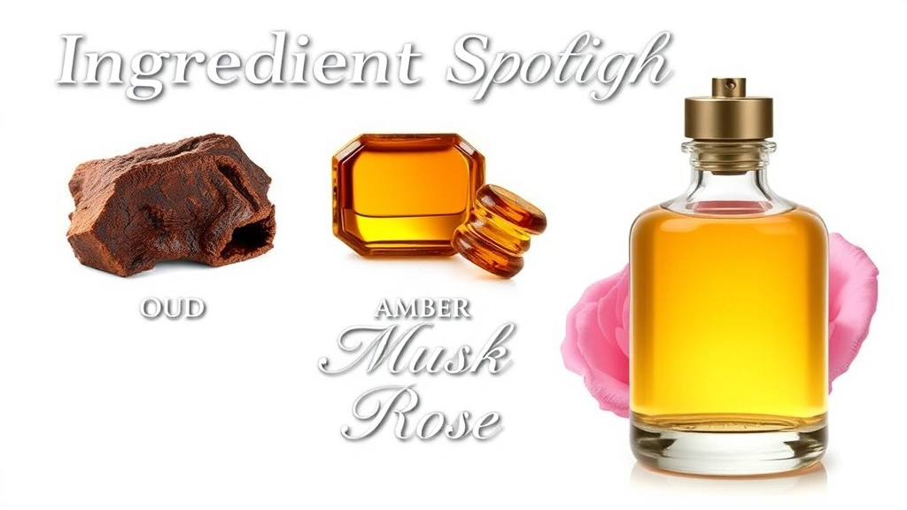 dua cologne - 
Ingredient spotlight image featuring oud wood, amber, musk, and rose with elega