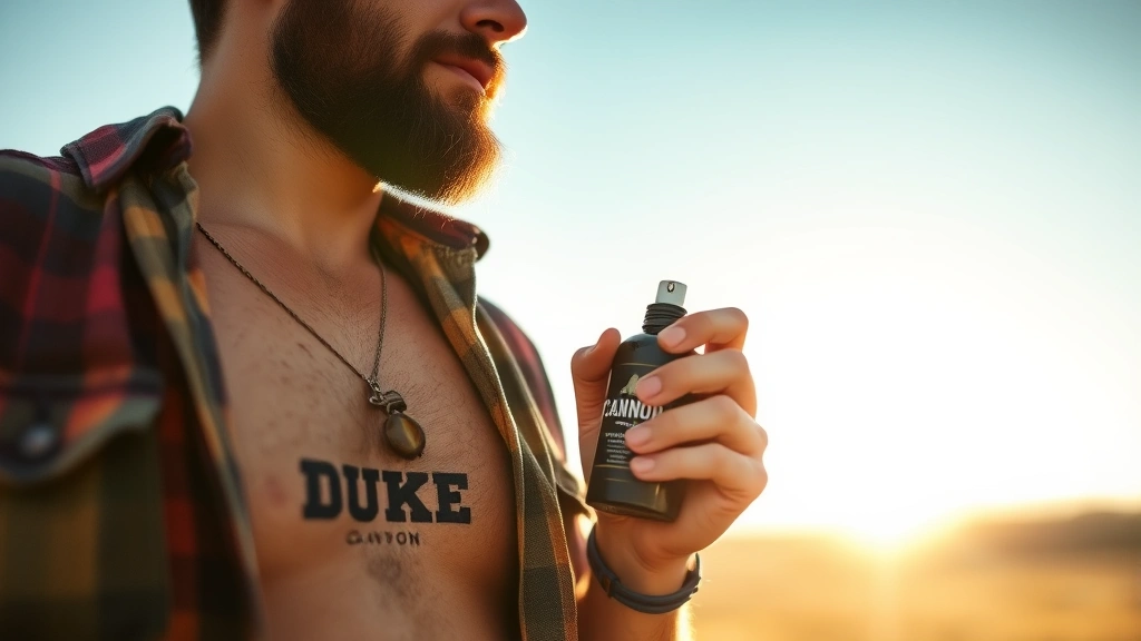 duke cannon sawtooth cologne -
Man wearing casual clothing spraying Duke Cannon Sawtooth Cologne on his chest
