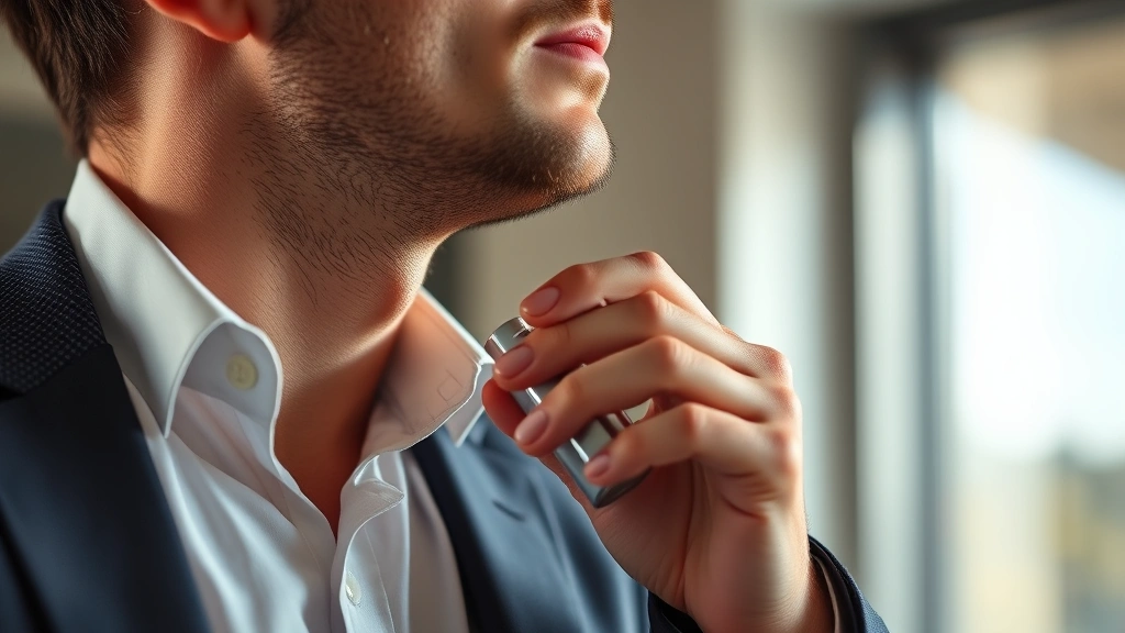 duke dennis cologne - 
Lifestyle shot of a man in casual business attire applying cologne to his neck,