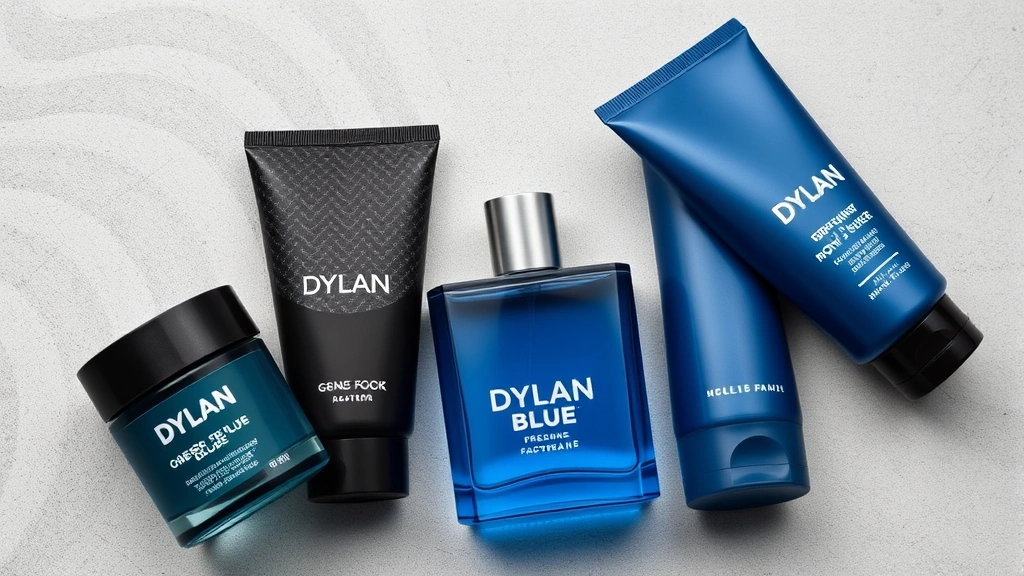 dylan blue cologne - 
Flat lay arrangement of Dylan Blue fragrance with complementary grooming produc