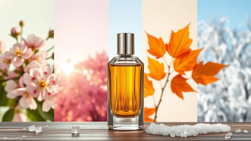 elysium fragrance -
Fragrance bottle with seasonal backgrounds showing spring blossoms, summer sun,