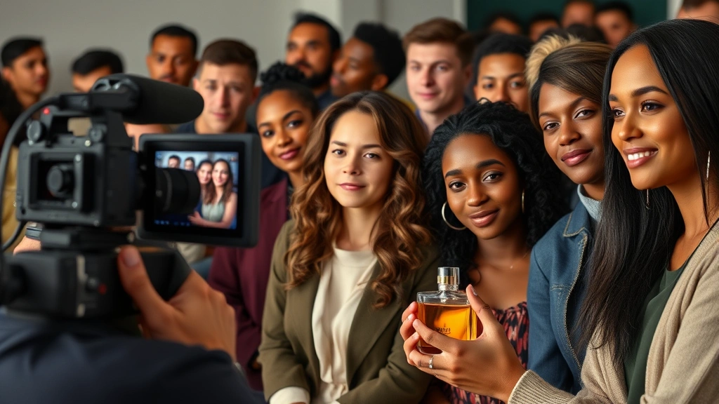 equality fragrances youtube -
YouTuber filming fragrance review with diverse audience in background showing d