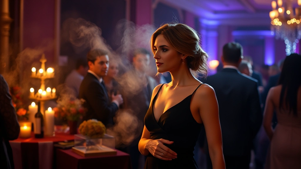 fracas fragrance -
Evening event scene with woman in sophisticated black dress, fragrance mist aro