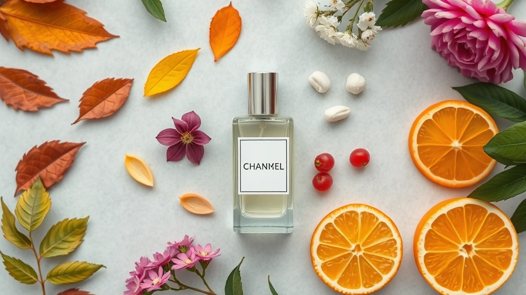 fragrance ads -
Overhead flat lay of fragrance bottle with seasonal elements—autumn leaves, win