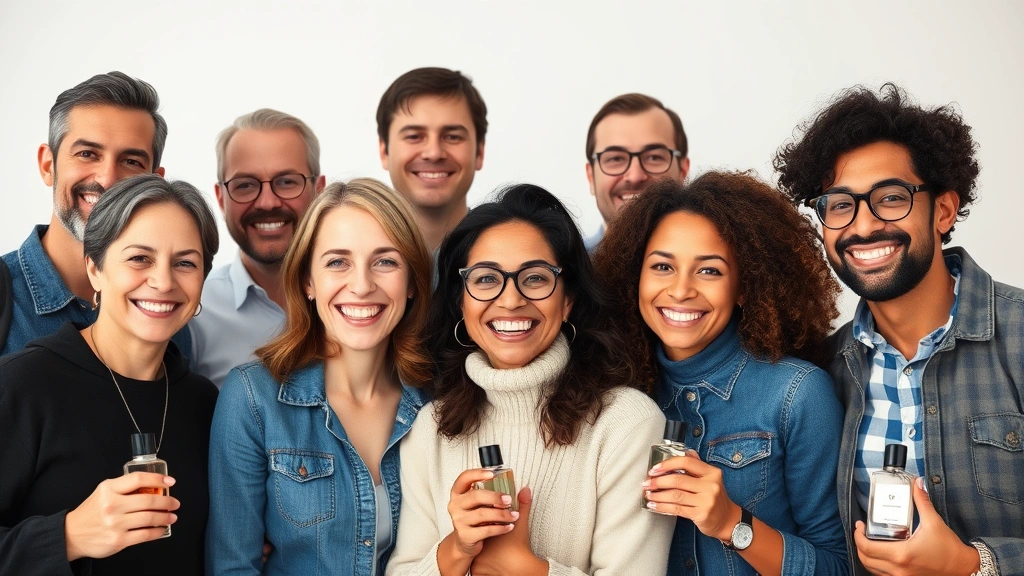 fragrance ads -
Diverse group of people smiling while wearing the fragrance, representing diffe