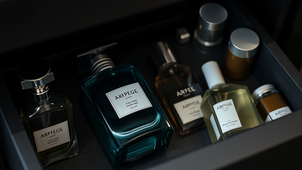fragrance arpege - 
Fragrance storage scene showing Arpege bottle in cool dark drawer with other co