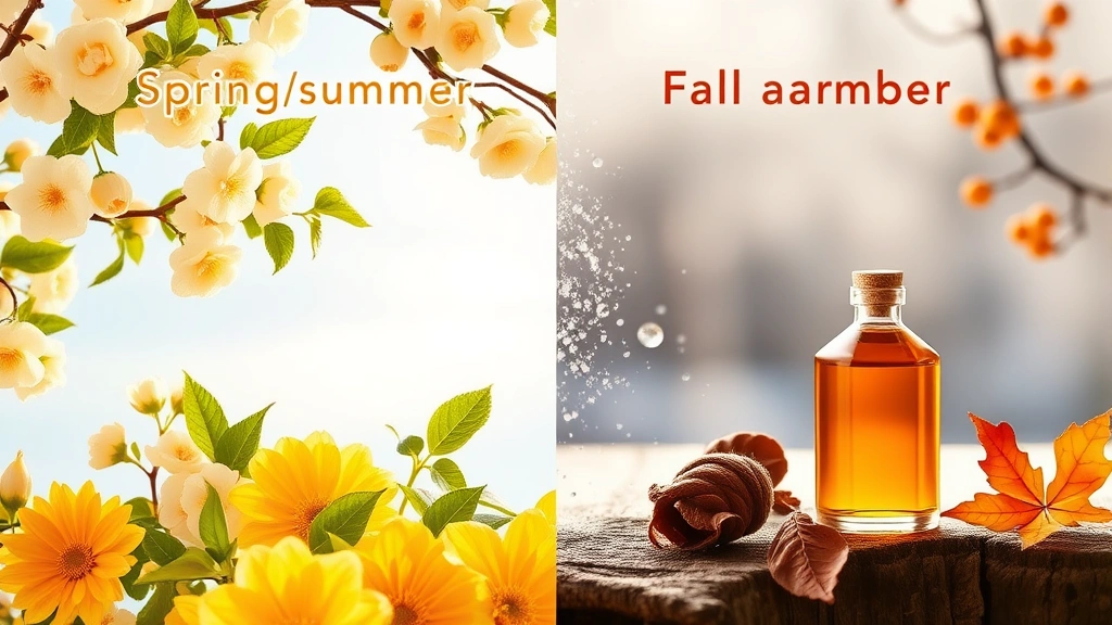 fragrance aura - 
Split-season visual showing spring/summer light citrus fragrances on left, fall
