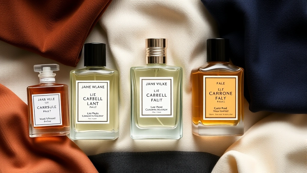 fragrance aura - 
Flatlay of 3-5 different fragrance bottles arranged as a wardrobe collection wi