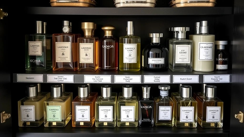 fragrance buddy -
Organized fragrance collection by season and scent type, displayed in a cool da