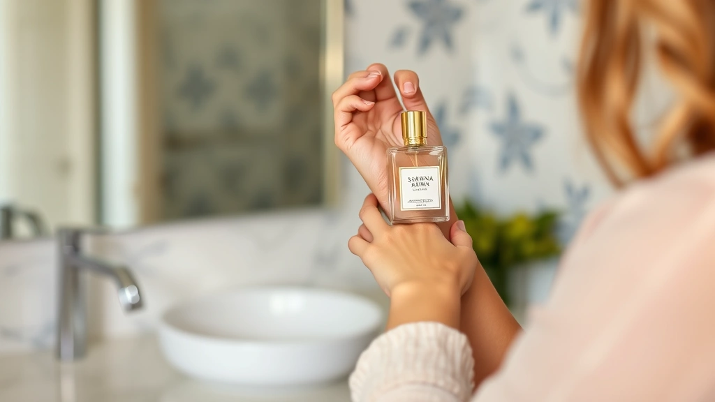 fragrance by sabrina - 
Woman applying fragrance by Sabrina to wrist with blurred background of bathroo
