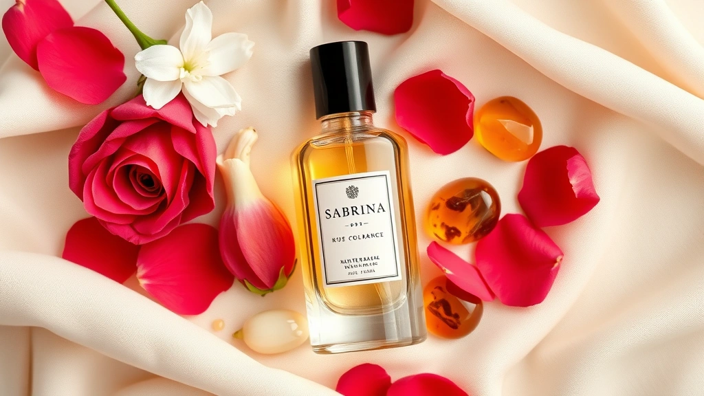 fragrance by sabrina - 
Flat lay arrangement showing fragrance by Sabrina bottle, rose petals, jasmine 