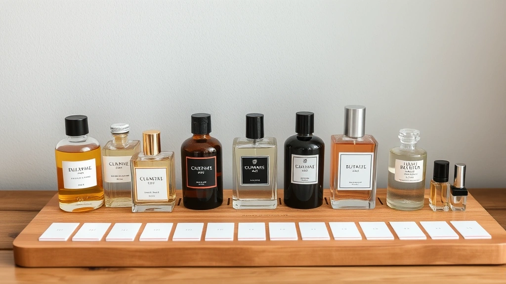 fragrance collection - 
Fragrance testing station with multiple bottles and test strips for collection 