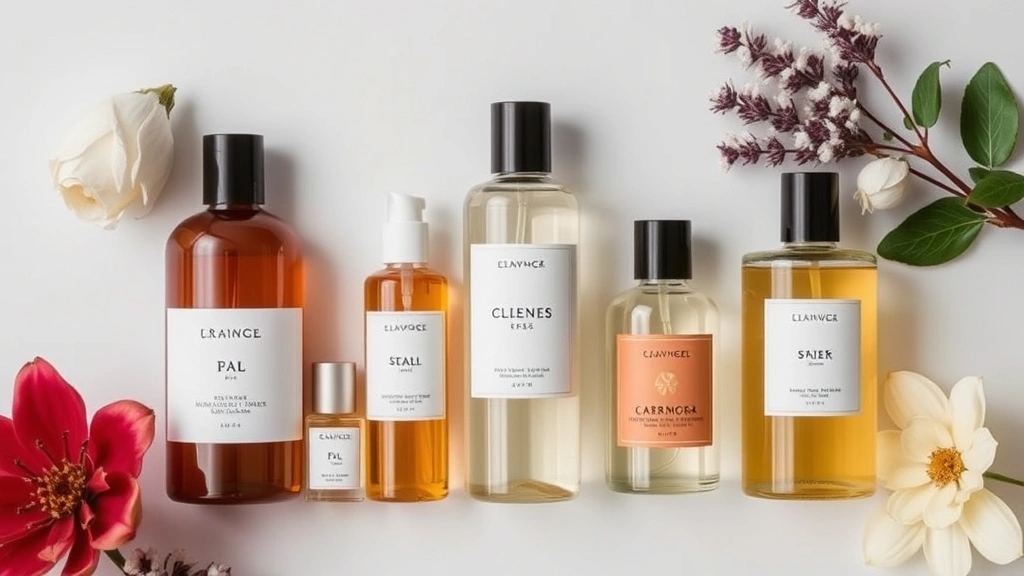 fragrance couture - 
Flat lay of curated fragrance bottles arranged by season with complementary sce