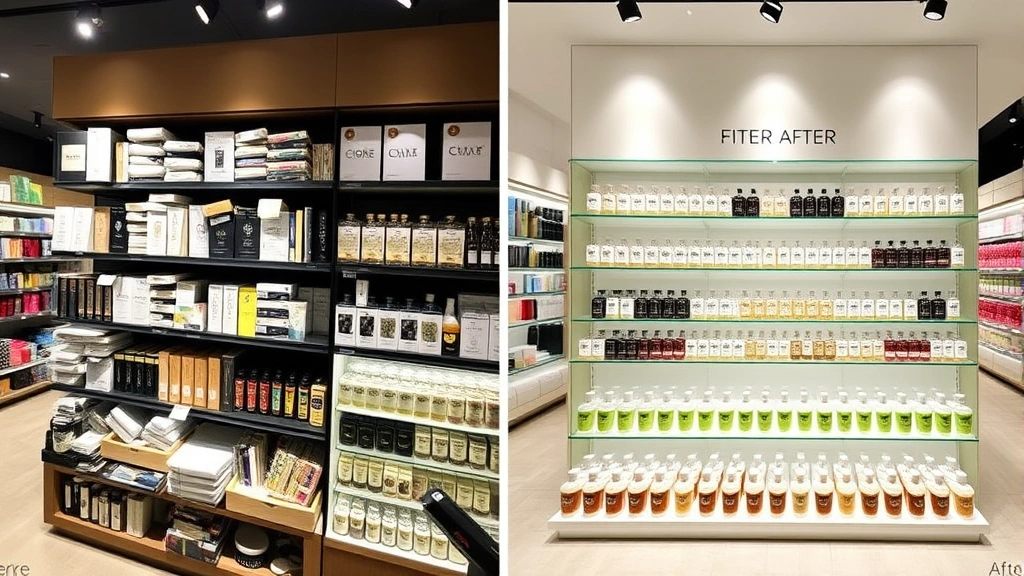 fragrance display - 
Before and after retail fragrance display comparison showing cluttered disorgan