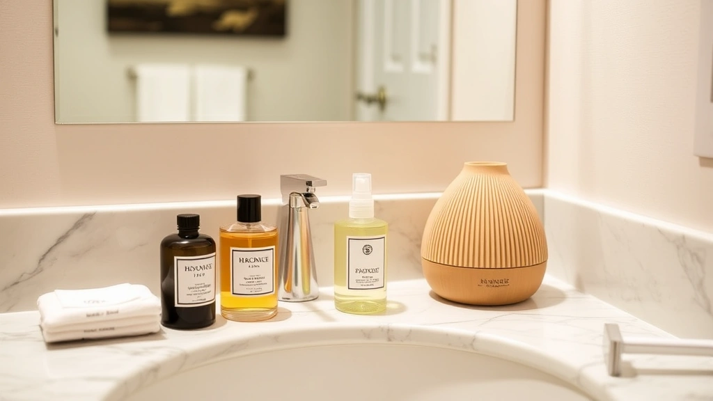 fragrance escape - 
Bathroom vanity displaying multiple fragrance products—cologne, room spray, and