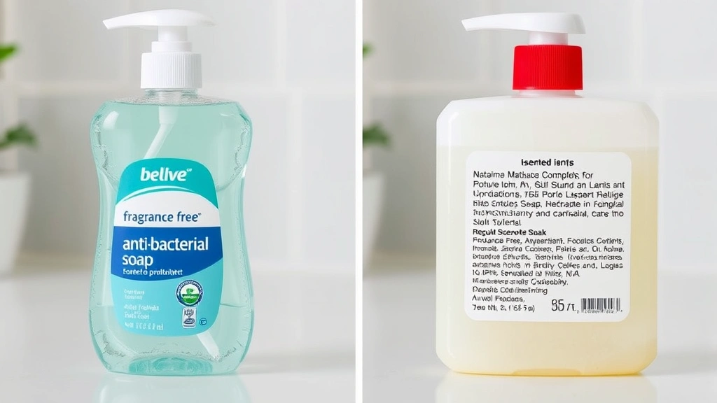fragrance free antibacterial soap -
Split-screen comparison showing a fragrance free antibacterial soap bottle next