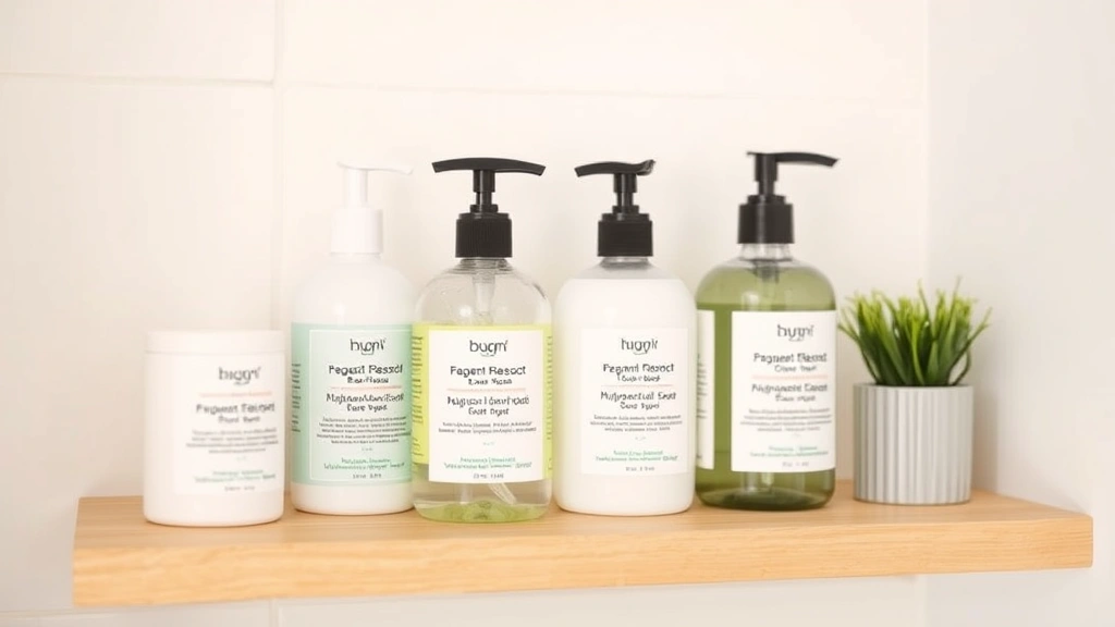 fragrance free antibacterial soap -
Bathroom shelf displaying fragrance free antibacterial soap next to other toile