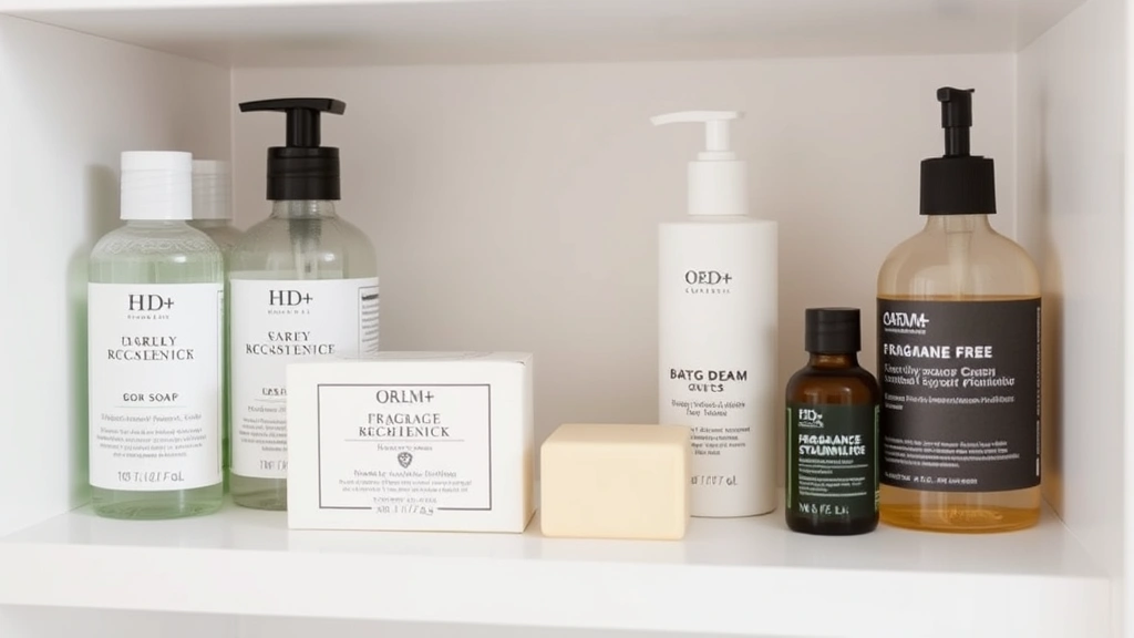 fragrance free bar soap -
Bathroom shelf displaying fragrance free bar soap alongside complementary unsce